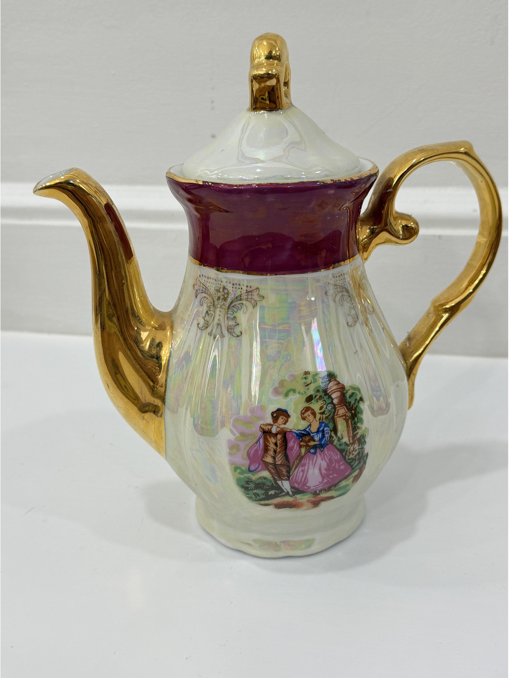 Vintage Lustreware Gold-Trimmed Teapot With Lid Courting Couple Japan